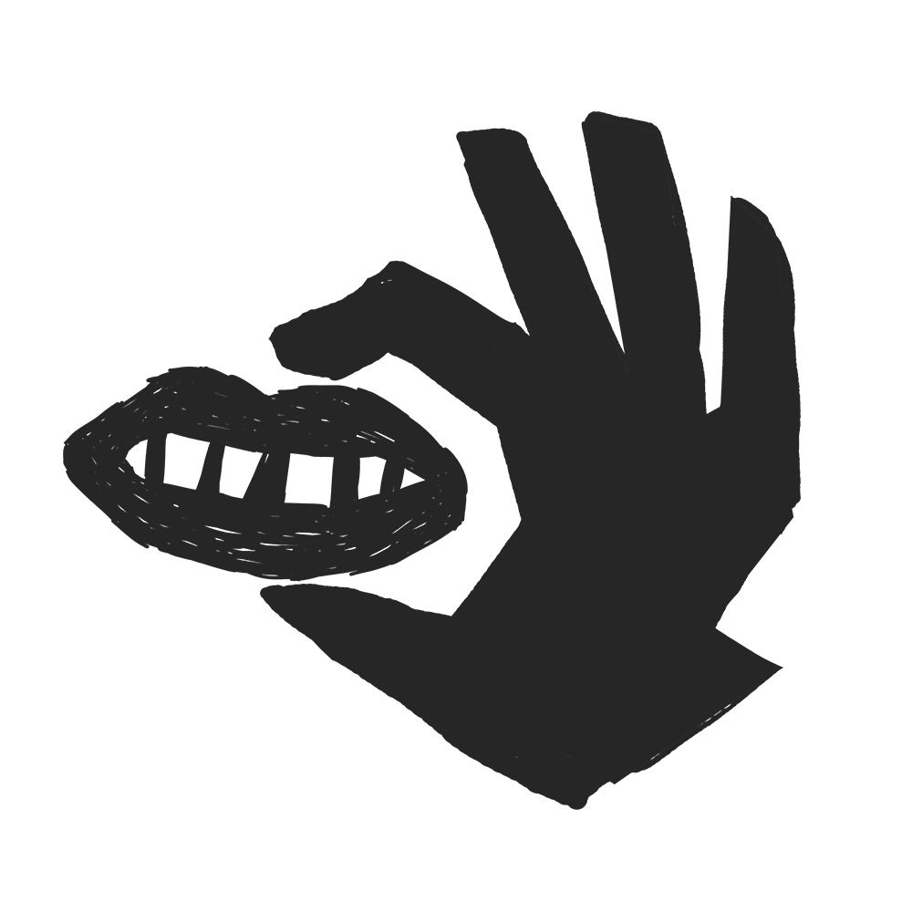 Branding illustration featuring a mouth being hold in one hand, and squeeze. Once squeeze the tongue comes out of the mouth in a funny way.